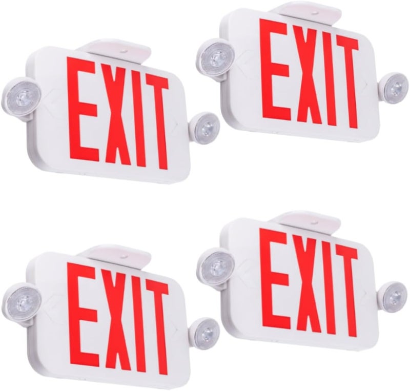 LIT-PaTH LED Combo EXIT Sign with 2 Adjustable Head Lights and Double Face, Back Up Batteries- US Standard Red Letter Emergency Exit Lighting, UL 924 and CEC Qualified, 120-277 Voltage, 4-Pack - Image 1
